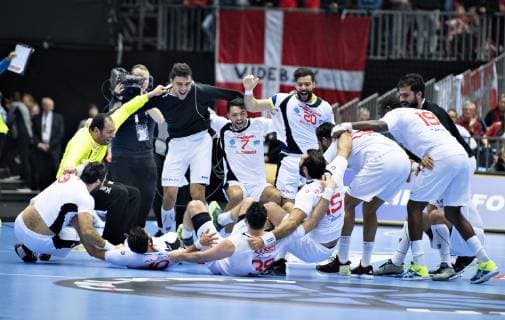The palyers of Tunisia celebrate their victory in the men s IHF Handball World Championship Group C match between Austria and Tunisia in Herning Denmark Thursday Jan 17 2019 Herning Jylland Denmark,  Copyright: HenningxBagger HenningxBaggerx COP108 spdk20190117-191009-L