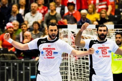 190117 Mohamed Soussi and Khaled Haj Youssef of Tunisia celebrate during the IHF World Handball Championship match between Austria and Tunisia on January 17 2019 in Herning Photo Jon Olav Nesvold BILDBYR u0081N kod JE 160405,  Copyright: JONxOLAVxNESVOLD BB190117JE074