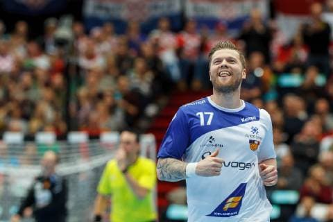 Munich Germany 17 01 2019 IHF Handball World Championship 2019 Group B Macedonia Iceland Arnor por Gunnarsson ISL cheers DeFodi048