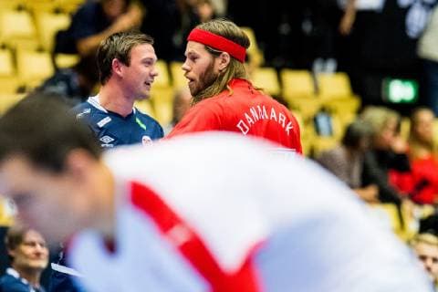 190117 Sander Sagosen of Norway and Mikkel Hansen of Denmark during warm up ahead of the IHF World Handball Championship match between Denmark and Norway on January 17 2019 in Herning Photo Jon Olav Nesvold BILDBYRAN kod JE 160406,  Copyright: JONxOLAVxNESVOLD BB190117JE096