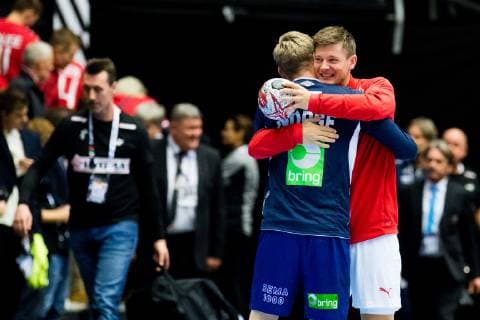 190117 Magnus Jondal of Norway and Lasse J Svan of Denmark during warm up ahead of the IHF World Handball Championship match between Denmark and Norway on January 17 2019 in Herning Photo Jon Olav Nesvold BILDBYRAN kod JE 160406,  Copyright: JONxOLAVxNESVOLD BB190117JE101