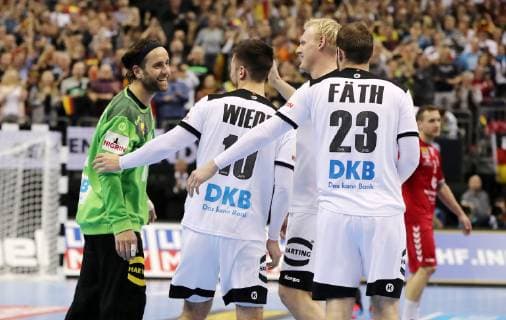 Goalkeeper Silvio Heinevetter Fabian Wiede Patrick Wiencek Steffen Fäth joy emotion cheering jubilation jubilation after playing sport handball world championship men season 2018 2019 17 01 2019 Germany GER DHB vs Serbia SRB
