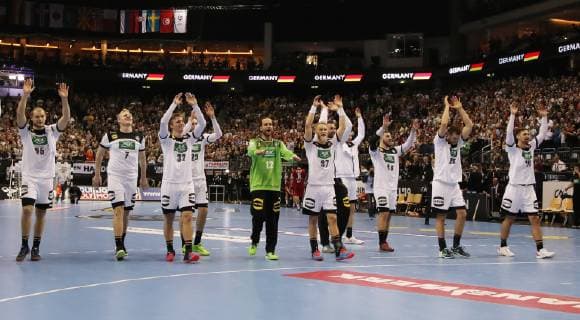 Team celebrates victory in front of the fans joy emotion cheering cheering jubilation after game sports handball world championship men season 2018 2019 17 01 2019 Germany GER DHB vs Serbia SRB