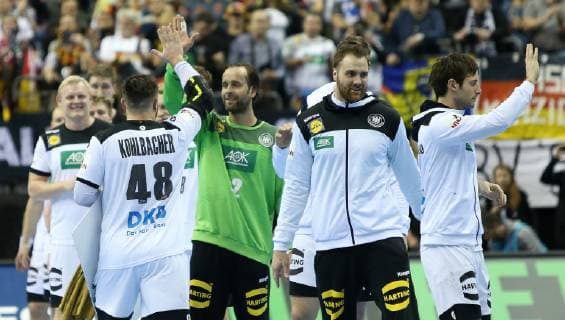 Jubilation at Jannik Kohlbacher Germany Hendrik Pekeler Germany Andreas Wolff Germany Uwe Gensheimer Germany after the victory of the match Germany against Serbia of the Handball World Championship 2019 the Men on 17 01 2019 in the Mercedes Benz Arena in Berlin Handball World Championship 2019 Group A Germany Serbia