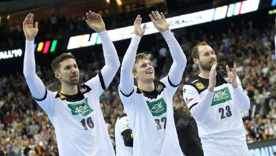 Fabian Wiede Germany Franz Semper Germany Steffen Faeth Germany cheers on Fabian Wiede Germanys victory Germany against Serbia the mens handball World Championship 2019 on 17 01 2019 in the Mercedes Benz Arena in Berlin Handball World Championship 2019 Group A Germany Serbia