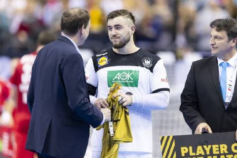 Jannik Kohlbacher No 48 Germany elected Player of the Match PotM Germany vs. Serbia Preliminary Round Handball IHF Handball World Championship 17 01 19 Berlin Berlin Germany Mercedes Benz Arena Copyright: xAgentur54Gradx xFelixxKoenigx