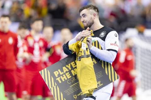 Jannik Kohlbacher No 48 Germany elected Player of the Match PotM Germany vs. Serbia Preliminary Round Handball IHF Handball World Championship 17 01 19 Berlin Berlin Germany Mercedes Benz Arena Copyright: xAgentur54Gradx xFelixxKoenigx