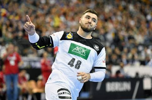 Jannik Kohlbacher Germany Player of the match cheers after a goal Germany Serbia Germany Serbia IHF Handball World Championship 2019 Hanball World Championship 2019 Men Men Men Men Handball Germany Germany Preliminary Round Group A group A Berlin 17 1 2019