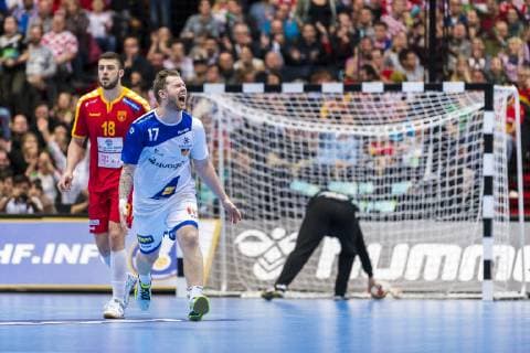 Munich Germany 17 January 2019 World Cup 2019 Men Group B Macedonia vs Iceland vs Filip Kuzmanovski Macedonia Arnor Gunnarsson Island Jubilation Joy Emotions Goal Cheers Scorers Goal Scorers Goalkeeper Borko Ristovski Macedonia Munich Olympic Hall Bayern Germany