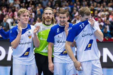 Munich Germany 17 January 2019 World Cup 2019 Men Group B Macedonia vs Iceland vs li Gisli Thorgeir Kristjansson Iceland Torhueter Bjoergvin Gustavsson Iceland Bjarki Elisson Iceland Olafur Gudmundsson Iceland Munich Olympic Hall Bayern Germany