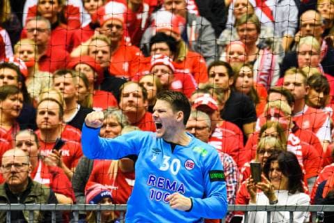 190117 Goalkeeper Torbj¿rn Bergerud of Norway celebrates during the IHF World Handball Championship match between Denmark and Norway on January 17 2019 in Herning Photo Jon Olav Nesvold BILDBYR u0081N kod JE 160406,  Copyright: JONxOLAVxNESVOLD BB190117JE111