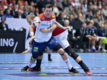 Sander Sagosen of Norway against Rene Toft Hansen of Denmark during the mens IHF Handball World Championship Group C match between Denmark and Norway in Herning Denmark Thursday Jan 17 2019 Herning Jutland Denmark,  Copyright: HenningxBagger HenningxBaggerx COP101 spdk20190117-202237-L