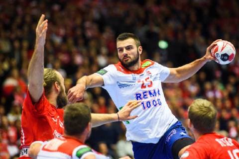 190117 Eivind Tangen of Norway during the IHF World Handball Championship match between Denmark and Norway on January 17 2019 in Herning Photo Jon Olav Nesvold BILDBYR u0081N kod JE 160406,  Copyright: JONxOLAVxNESVOLD BB190117JE113