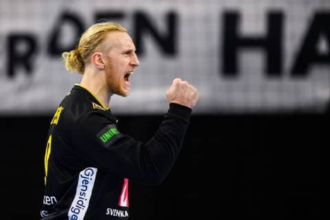 190117 Goalkeeper Mikael Appelgren of Sweden celebrates during the IHF World Handball Championship match between Sweden and Hungary on January 17 2019 in Copenhagen Photo Ludvig Thunman BILDBYR u0081N kod LT 35581,  Copyright: LUDVIGxTHUNMAN BB190117LT006