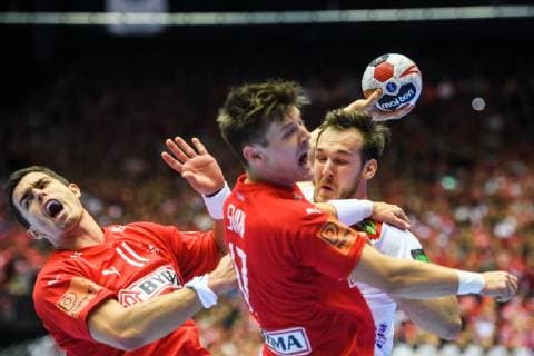 190117 Rasmus Lauge of Denmark and Christian O Sullivan of Norway during the IHF World Handball Championship match between Denmark and Norway on January 17 2019 in Herning Photo Jon Olav Nesvold BILDBYR u0081N kod JE 160406,  Copyright: JONxOLAVxNESVOLD BB190117JE119