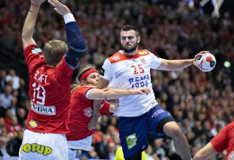 Eivind Tangen of Norway against Mikkel Hansen of Denmark during the IHF Handball World Championship Group,  Copyright: HenningxBagger HenningxBaggerx COP101 spdk20190117-203914-L