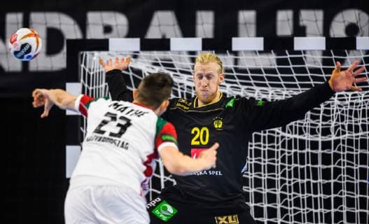 190117 Dominik Mathe of Hungary and goalkeeper Mikael Appelgren of Sweden during the IHF World Handball Championship match between Sweden and Hungary on January 17 2019 in Copenhagen Photo Ludvig Thunman BILDBYR u0081N kod LT 35581,  Copyright: LUDVIGxTHUNMAN BB190117LT008