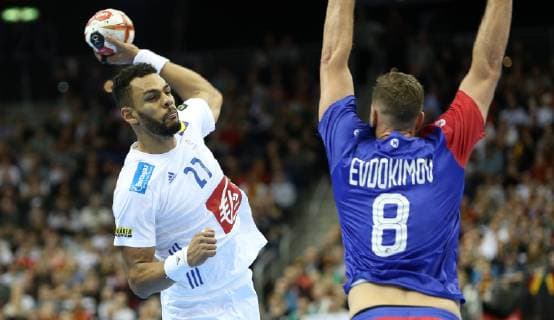 Adrien Dipanda France vs. Egor Evdokimov Russia at the match France vs. Russia Handball World Cup 2019 Mens Handball on 17 01 2019 in the Mercedes Benz Arena in Berlin Handball World Cup 2019 Group A France Russia