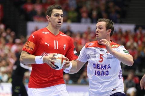 26th Mens Handball World Championship Denmark vs Norway 17 01 19 Rasmus Lauge Denmark 11 vs Sander Sagosen Norway 05 xmmkx