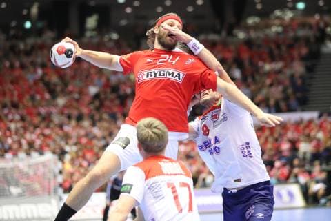 26th Mens Handball World Championship Denmark vs Norway 17 01 19 Mikkel Hansen Denmark 24 against Bjarte Myrhol Norway 08 and Magnus Joendal Norway 17 xmmkx
