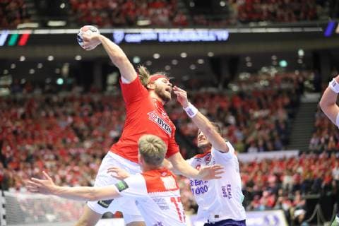 26th Mens Handball World Championship Denmark vs Norway 17 01 19 Mikkel Hansen Denmark 24 against Bjarte Myrhol Norway 08 and Magnus Joendal Norway 17 xmmkx