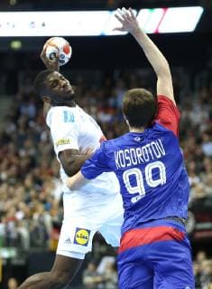 Dika Mem France vs. Sergei Mark Kosorotov Russia at the match France vs. Russia Handball World Championship 2019 Mens Handball on 17 01 2019 at the Mercedes Benz Arena in Berlin Handball World Championship 2019 Group A France Russia