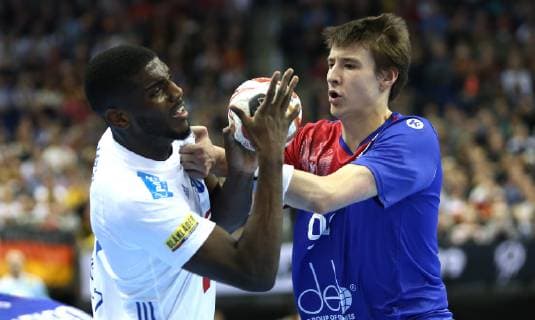 Dika Mem France vs. Sergei Mark Kosorotov Russia at the match France vs. Russia Handball World Championship 2019 Mens Handball on 17 01 2019 at the Mercedes Benz Arena in Berlin Handball World Championship 2019 Group A France Russia