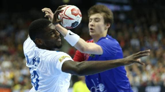 Dika Mem France vs. Sergei Mark Kosorotov Russia at the match France vs. Russia Handball World Championship 2019 Mens Handball on 17 01 2019 at the Mercedes Benz Arena in Berlin Handball World Championship 2019 Group A France Russia
