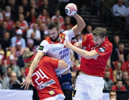 Eivind Tangen of Norway against Magnus Landin of Denmark during the mens IHF Handball World Championship Group C match between Denmark and Norway in Herning Denmark Thursday Jan 17 2019 Herning Jutland Denmark,  Copyright: HenningxBagger HenningxBaggerx COP101 spdk20190117-210603-L