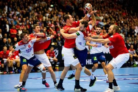 190117 Bjarte Myrhol of Norway Simon of Denmark Christian O Sullivan of Norway and Henrik Mölgaard of Denmark during the IHF World Handball Championship match between Denmark and Norway on January 17 2019 in Herning Photo Jon Olav Nesvold BILDBYR N code JE 160406,  Copyright: JONxOLAVxNESVOLD BB190117JE131