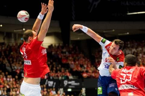 190117 Sander Sagosen of Norway during the IHF World Handball Championship match between Denmark and Norway on January 17 2019 in Herning Photo Jon Olav Nesvold BILDBYR u0081N kod JE 160406,  Copyright: JONxOLAVxNESVOLD BB190117JE132
