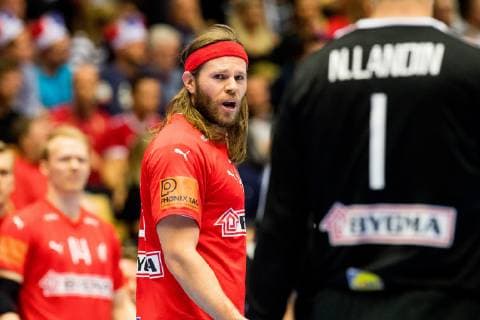 190117 Mikkel Hansen and goalkeeper Niklas Landin of Denmark during the IHF World Handball Championship match between Denmark and Norway on January 17 2019 in Herning Photo Jon Olav Nesvold BILDBYR N code JE 160406,  Copyright: JONxOLAVxNESVOLD BB190117JE133