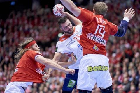 IHF Men s World Championship WM Weltmeisterschaft 2019 Group C handball match. Eivind Tangen (25) of Norway between Mikkel Hansen (24) and ReneToft (19) of Denmark during the men s IHF Handball World Championship Group C match 57 between Denmark and Noway at the Jyske Bank Boxen arena in Herning Denmark on Thursday January 14, 2019. Denmark 