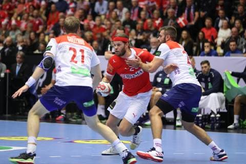 26th Mens Handball World Championship Denmark vs Norway 17 01 19 Mikkel Hansen Denmark 24 against Christian O Sullivan Norway 24 and Magnus Gullerud Norway 21 xmmkx