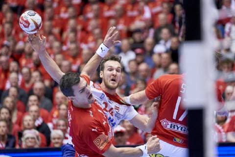 IHF Men s World Championship WM Weltmeisterschaft 2019 Group C handball match. Rasmus Lauge (11) of Denmark and Christian O Sullivan (24) of Norway during the men s IHF Handball World Championship Group C match 57 between Denmark and Noway at the Jyske Bank Boxen arena in Herning Denmark on Thursday January 14, 2019. Denmark 
