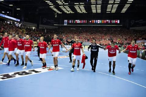 The danish players celebrate their victory in the men s IHF Handball World Championship Group C match between Denmark and Norway in Herning Denmark Thursday Jan 17 2019 Herning Jylland Denmark,  Copyright: HenningxBagger HenningxBaggerx COP101 spdk20190117-220142-L