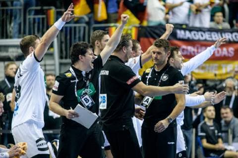 Germany vs. Serbia Handball World Championship 2019 17 01 2019 l r Co Coach Alexander Haase GER Team Coordinator Oliver Roggisch GER and Coach Christian Prokop GER at the final whistle of the match between Germany and Serbia at the Handball World Championship in Berlin on 17 01 2019 Berlin BER Germany Mercedes Benz Arena