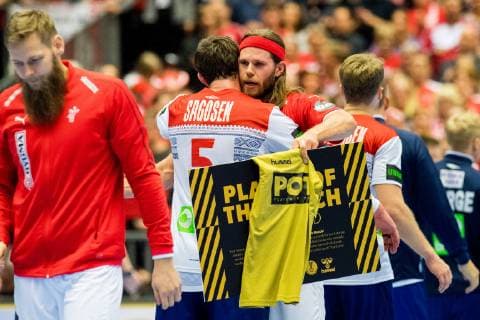 190117 Sander Sagosen of Norway and Mikkel Hansen of Denmark after the IHF World Handball Championship match between Denmark and Norway on January 17 2019 in Herning Photo Jon Olav Nesvold BILDBYR N code JE 160406,  Copyright: JONxOLAVxNESVOLD BB190117JE176