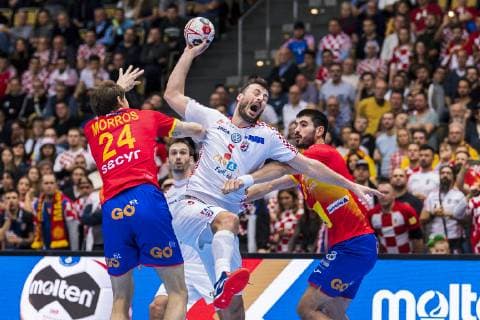 Munich Germany 17 January 2019 World Cup 2019 Men Group B Spain vs Croatia v li Viran Morros de Argila Spain Domagoj Duvnjak Croatia THW Kiel Munich Olympic Hall Bayern Germany