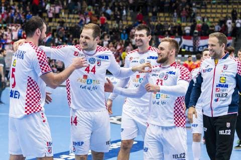 Munich Germany 17 January 2019 World Cup 2019 Men Group B Spain vs Croatia v li Domagoj Duvnjak Croatia THW Kiel Kresimir Kozina Croatia Goeppingen Luka Cindric Croatia Final Cheers Final Cheers Emotion Joy Munich Olympic Hall Bavaria Germany