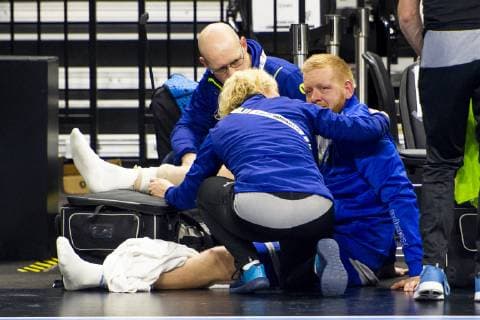 190117 Jim Gottfridsson of Sweden injured by the benches during the IHF World Handball Championship match between Sweden and Hungary on January 17 2019 in Copenhagen Photo Ludvig Thunman BILDBYR u0081N kod LT 35581,  Copyright: LUDVIGxTHUNMAN BB190117LT063