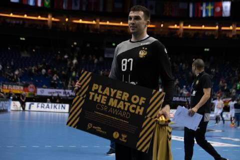Handball WM France Russia on 17 01 2019 in the Mercedes Benz Arena in Berlin Man Player of the Match Victor KIREEV Russia xMNx