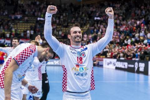 Munich Germany 17 January 2019 World Cup 2019 Men Group B Spain vs. Croatia Igor Karacic Croatia Jubel Joy Emotion Goal Jubilee Goal Scorers Goal Scorers Munich Olympic Hall Bavaria Germany