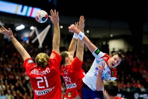 190117 Sander Sagosen of Norway during the IHF World Handball Championship match between Denmark and Norway on January 17 2019 in Herning Photo Jon Olav Nesvold BILDBYR u0081N kod JE 160406,  Copyright: JONxOLAVxNESVOLD BB190117JE206
