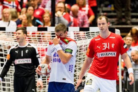 190117 Johannes Niklas Landin of Denmark Bjarte Myrhol of Norway and Simon Hald of Denmark during the IHF World Handball Championship match between Denmark and Norway on January 17 2019 in Herning Photo Jon Olav Nesvold,  Copyright: JONxOLAVxNESVOLD BB190117JE215