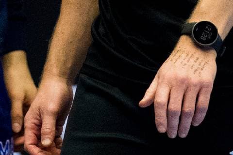190117 Writings on the hand of Christian Berge head coach of Norway during the IHF World Handball Championship match between Denmark and Norway on January 17 2019 in Herning Photo Jon Olav Nesvold BILDBYR u0081N kod JE 160406,  Copyright: JONxOLAVxNESVOLD BB190117JE223