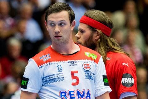 190117 Sander Sagosen of Norway and Mikkel Hansen of Denmark during the IHF World Handball Championship match between Denmark and Norway on January 17 2019 in Herning Photo Jon Olav Nesvold BILDBYR N code JE 160406,  Copyright: JONxOLAVxNESVOLD BB190117JE227