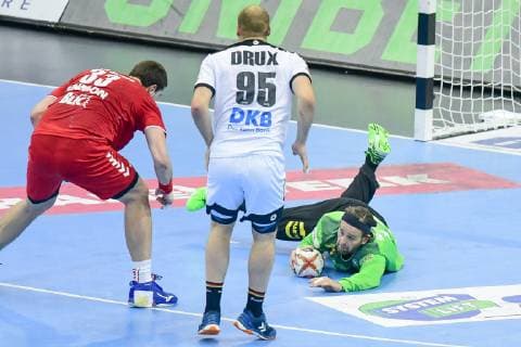 Germany Berlin Mercedes Benz Arena IHF Mens Handball World Championship 12 Silvio Heinevetter 95 Paul Drux Germany GER Serbia Mijajlo Marsenic SRB