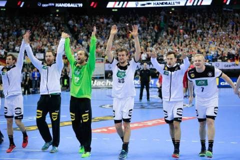 Germany Berlin Mercedes Benz Arena IHF Mens Handball World Championship Germany Uwe Gensheimer 33 Andreas Wolff 12 Silvio Heinevetter 38 Fabian Boehm 24 Patrick Groetzki Patrick Wiencek GER Serbia SRB
