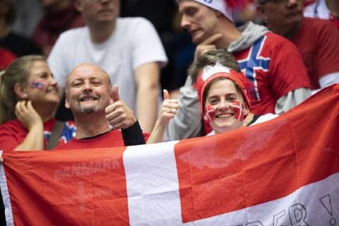 January 17, 2019 - Herning, Denmark - Danish fans during the group C handball match between Denmark and Norway in Jyske Bank Boxen in Herning during the 2019 IHF Handball World Championship WM Weltmeisterschaft in Germany Denmark. Handball 2019: Denmark-Norway - ZUMAm173 20190117_zsp_m173_025 Copyright: xLarsxMoellerx